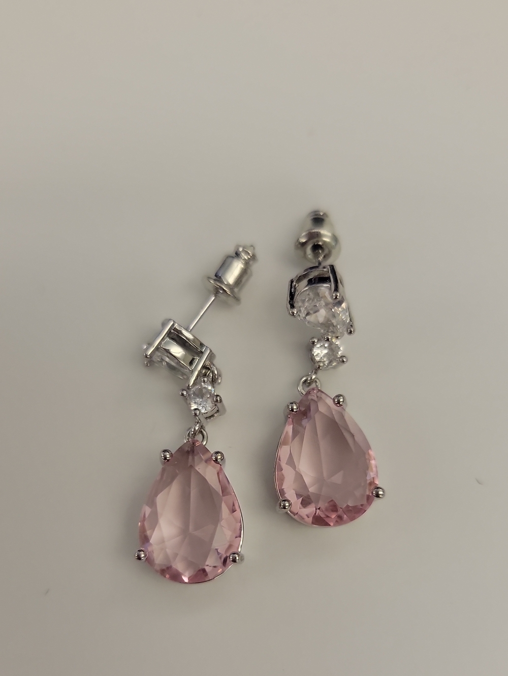 Silver Pink Teardrop Dangle Earrings with Clear Accents
